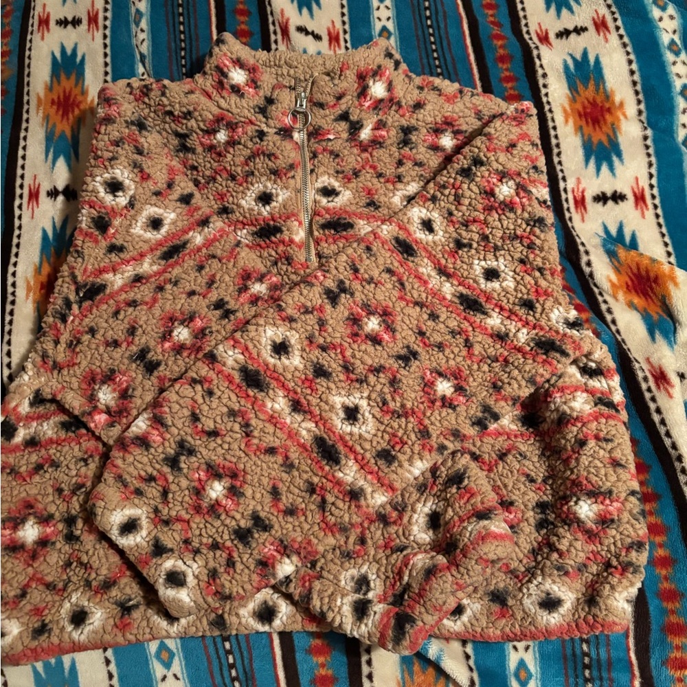 Love Tree Tan and Red Patterned Cowl Sweater